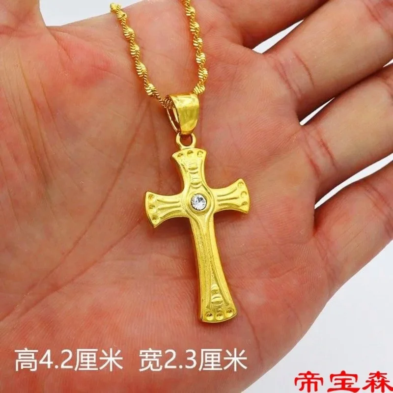 Collier croix plaqué or véritable pour hommes et femmes, chaîne de clavicule 24 carats 100%, ornement pendentif 999, bijoux en or pur 18 carats, 999