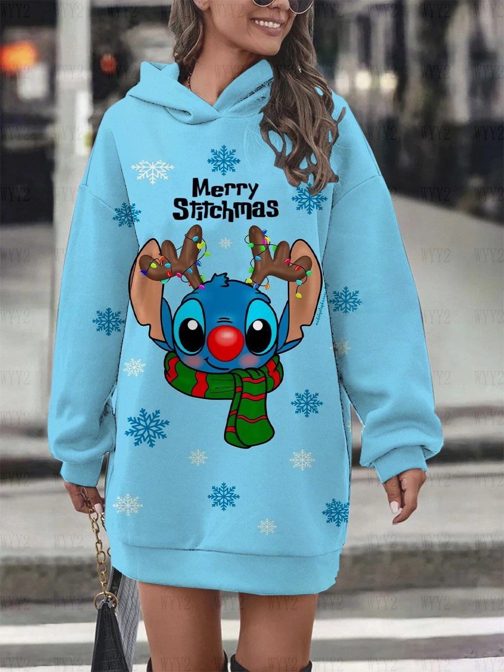 Christmas Disney Stitch print autumn and winter new women\'s hoodie dress 2024 hot sale casual chic sweatshirt dress