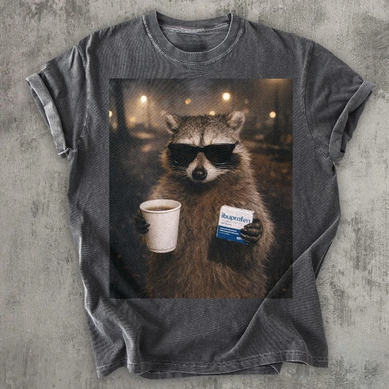 Funny Raccoon Coffee Shirt Trash Panda with Ibuprofen Graphic Tee, Sarcastic Morning Humor Shirt Cute Animal Unisex T-Shirt Gift