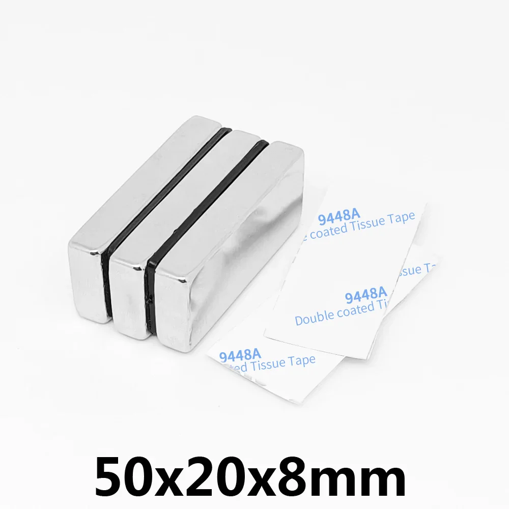 

1/2/5PCS 50x20x8mm Block Super Powerful Strong Magnetic Magnets With 3M Tape 50*20*8 Quadrate Big Permanent NdFeB Magnet 50x20x8