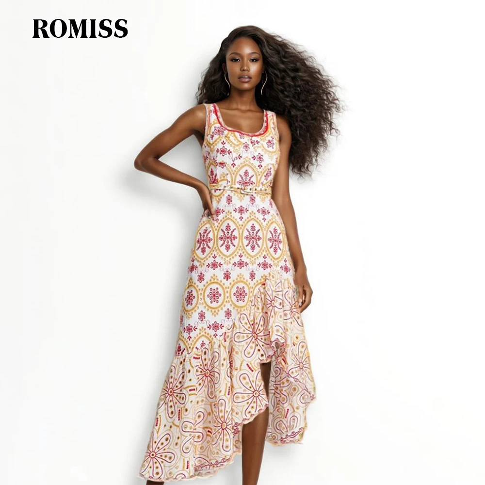 ROMISS Print Hit Color Hollow Out Women Dress Square Collar Sleeveless High Waist Embroidery Asymmetrica Camisole Dress Female