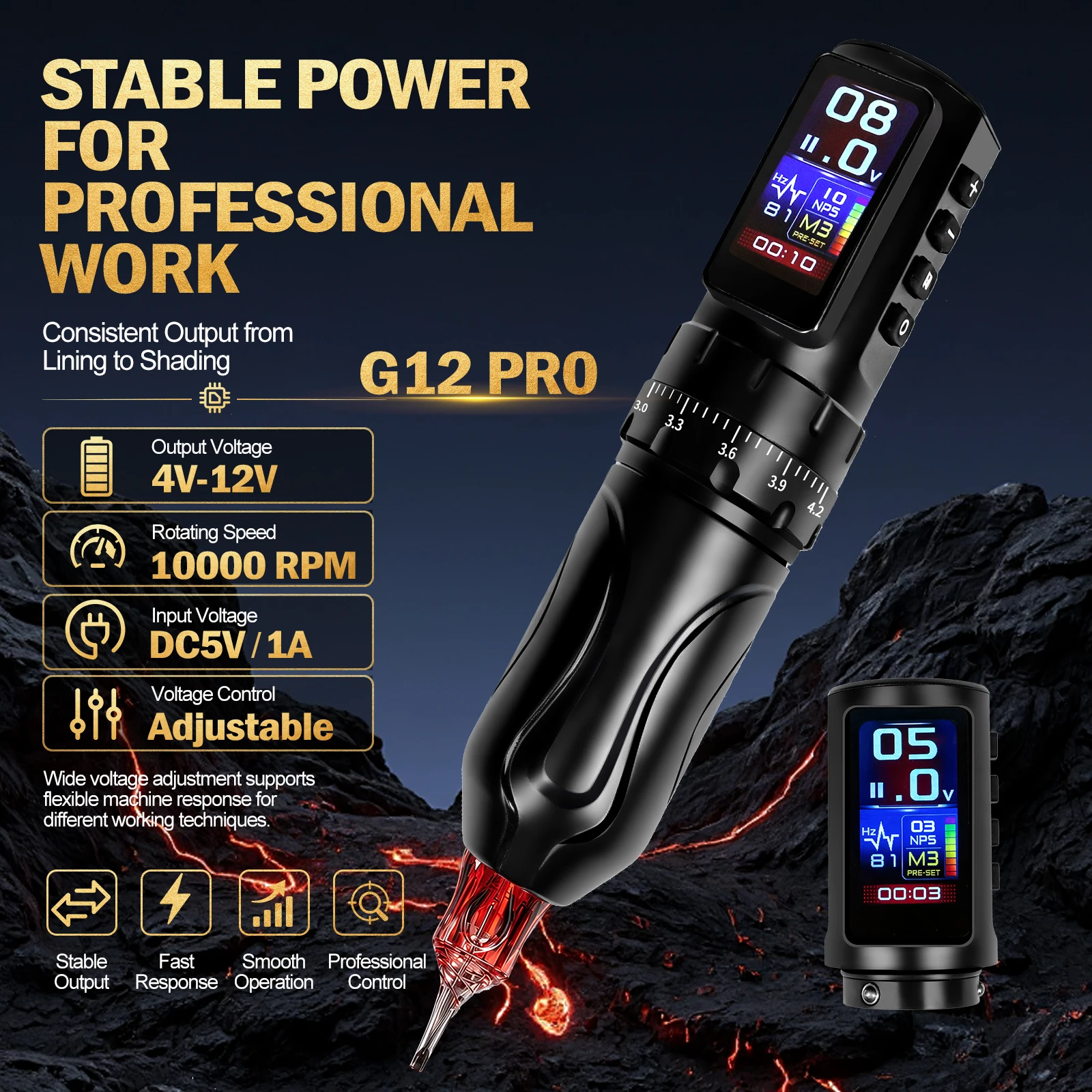 Wireless Tattoo Machine Pen Adjustable Stroke 2.4-4.2mm Rotary Tattoo Pen Digital Display for Professional Tattoo Artists