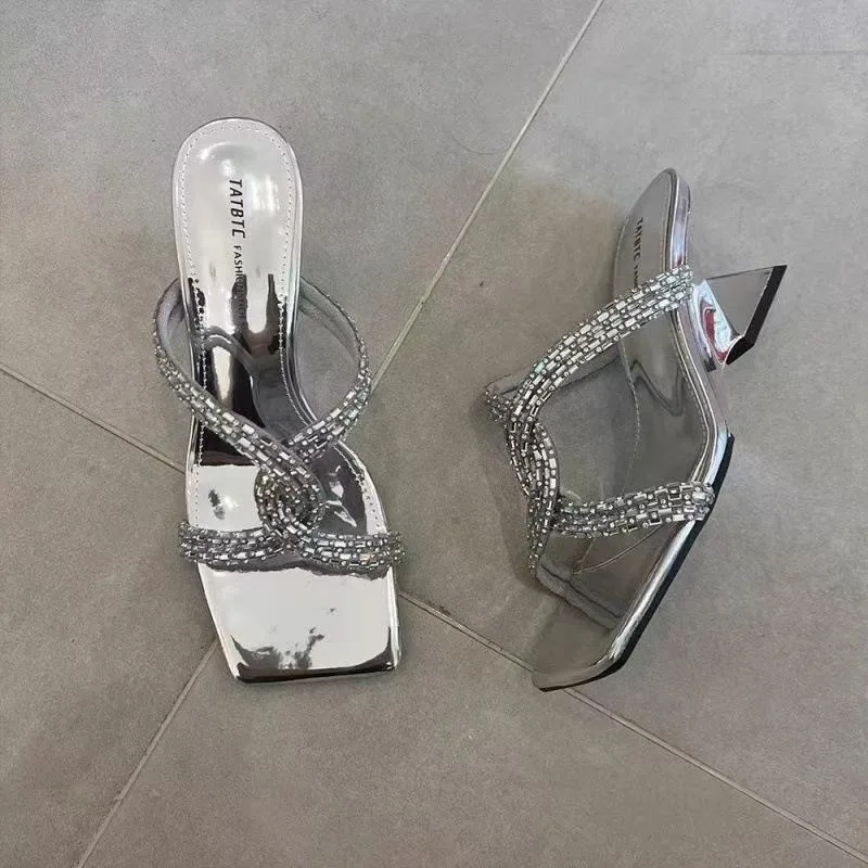 

2025 New Fashionable Square Toe Female Shoes Slippers Women Summer Slides Flip Flops Heeled Flip-Flops Block Glitter High