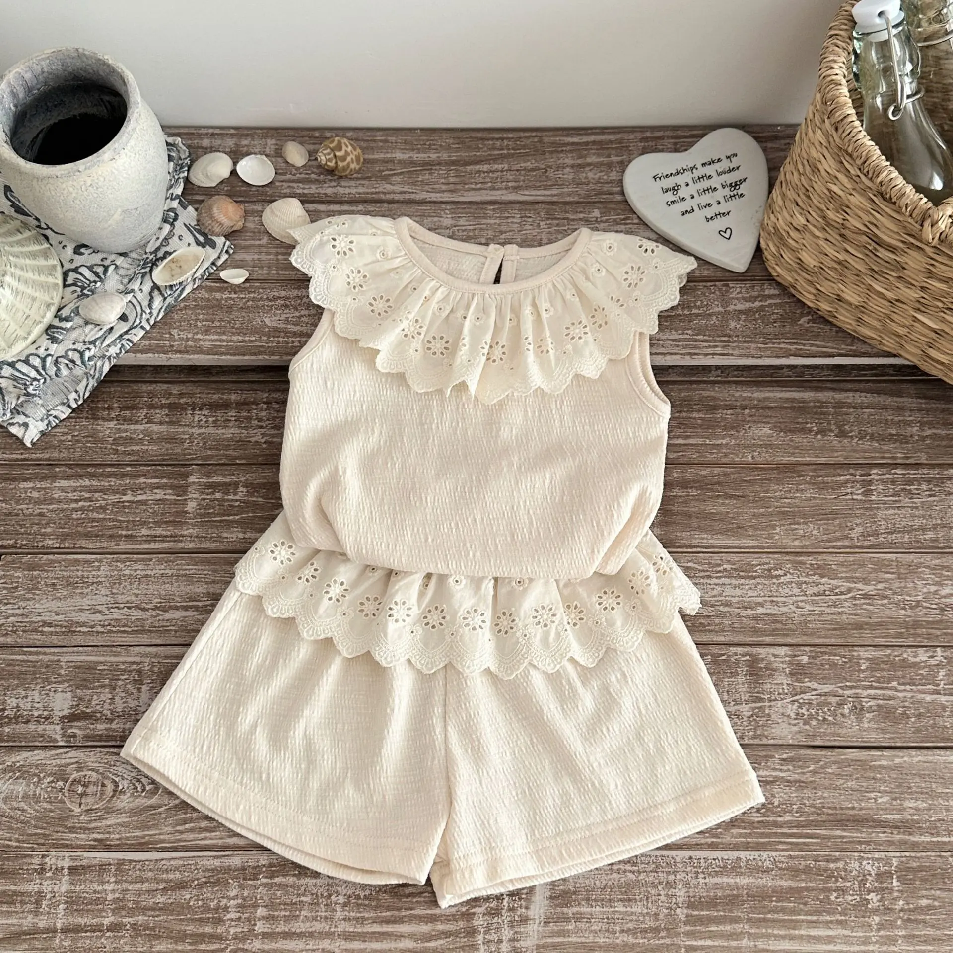 2026 Summer New Girls Large Lace Lapel Sleeveless Vest + Shorts 2pcs Suit Baby Girl Cotton Clothes Set Solid Toddler Outfits