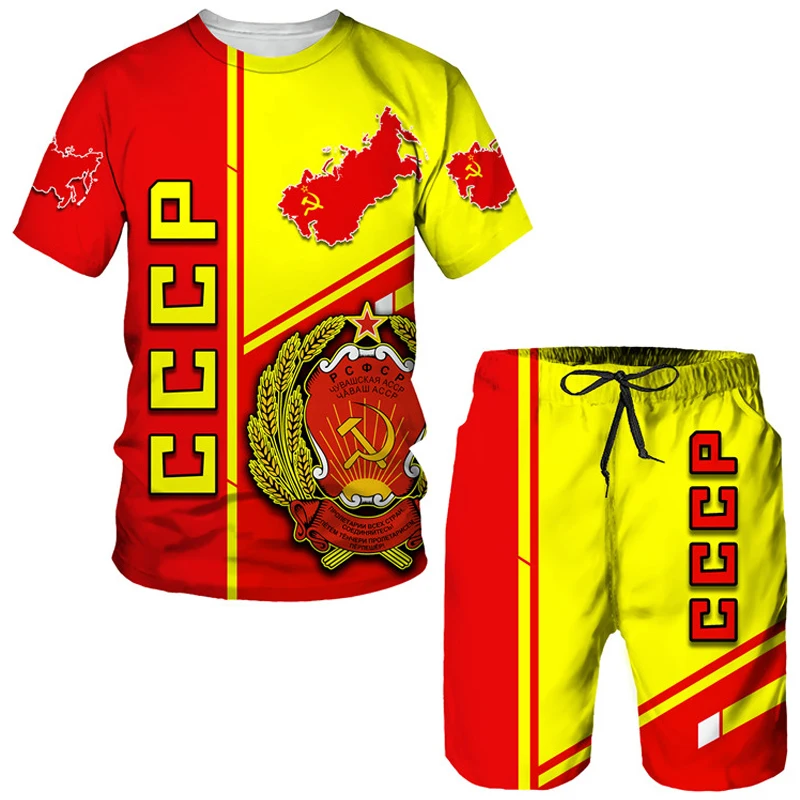 Chándal CCCP con estampado 3D ruso, camiseta y pantalones cortos, conjuntos de 2 piezas, ropa de calle de estilo de la Unión Soviética, ropa deportiva de gran tamaño