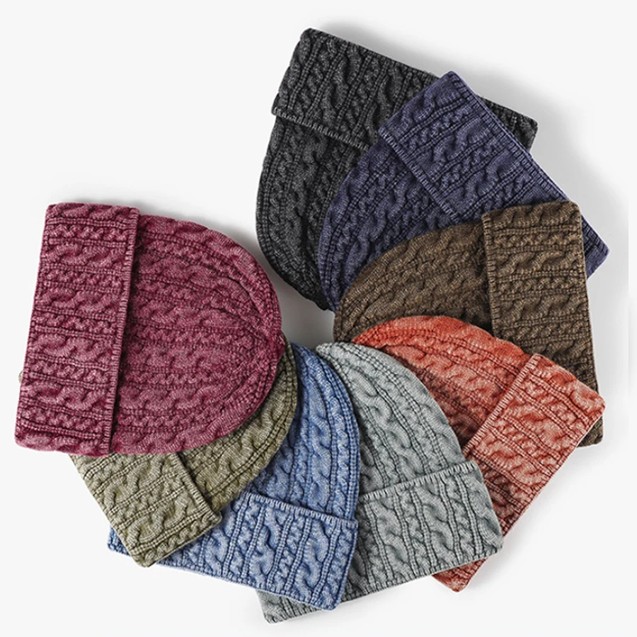 large knitting beanies for women men autumn winter hats vintage faded twist knit skullies bonnets thick winter cap