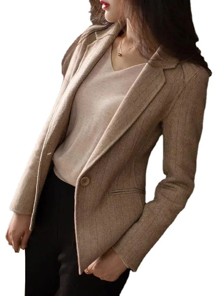 

Fashion Twill Woolen Suit Jacket Women Stripe Blazers Spring Autumn Single Button Slim Coat Female Casual Office Tops Outerwear