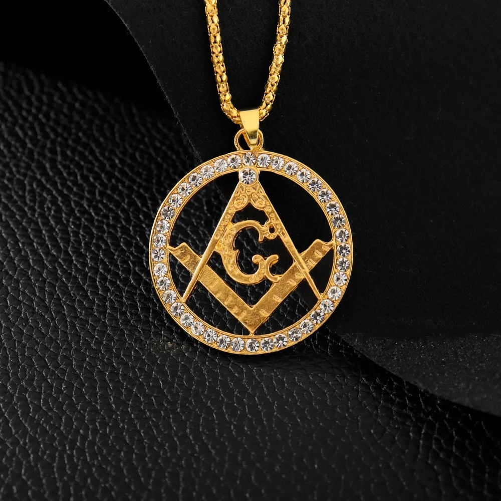 AG Masonic Round Men\'s Necklace Sliding Crystal Inlaid Pendant Metal Necklace Accessories Party Jewelry