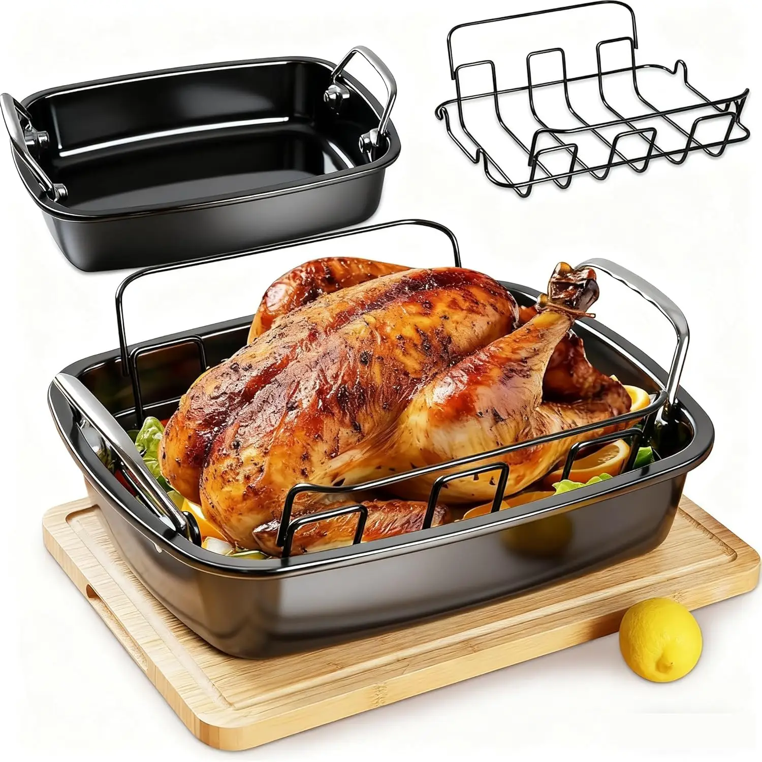

Large Nonstick Roasting Pan with Rack, 17x13 Inch Turkey Roaster - Heavy Duty, Easy Clean Oven Dish