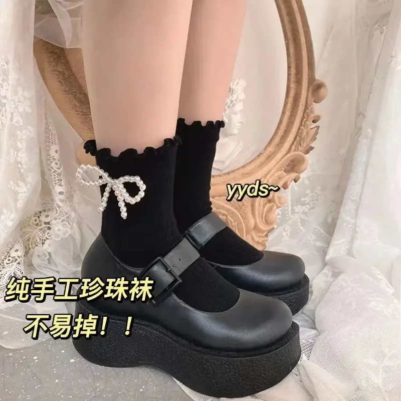 2 pares de calcetines de algodón para mujer, finos, bonitos, dulces, Kawaii, Lolita, Harajuku, medias de perlas de verano, calcetín de encaje con volantes blancos y negros