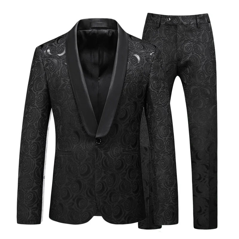 

Black Floral Embroidery Suit Set Slim Fit Young British Style Wedding Groomsmen Two-Piece Suit Single Button Pineapple Collar