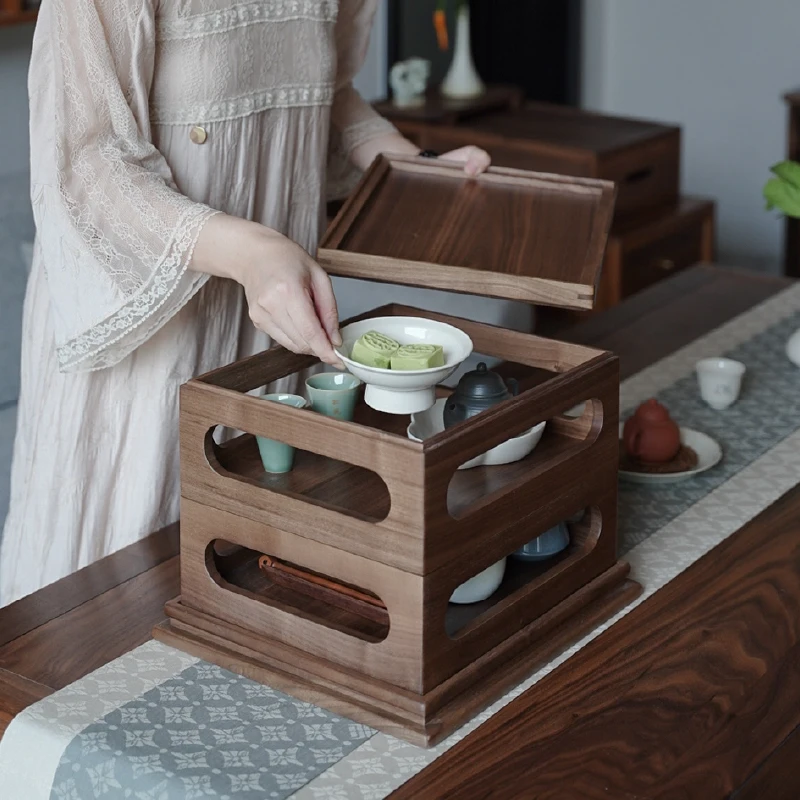 Zen New Chinese Style Observation Set Box Black Walnut Solid Wood Tea Room Storage Tea Rack Tea House Storage Combination