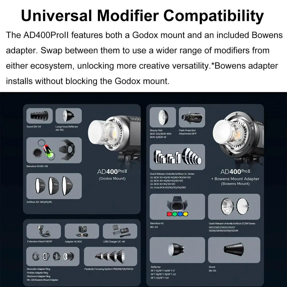 Godox AD400 Pro II AD400Pro II Estroboscópico portátil de flash externo de 400 W, monolight 2.4G TTL 1/8000 HSS, alimentado por bateria de íon-lítio de 2600 mAh