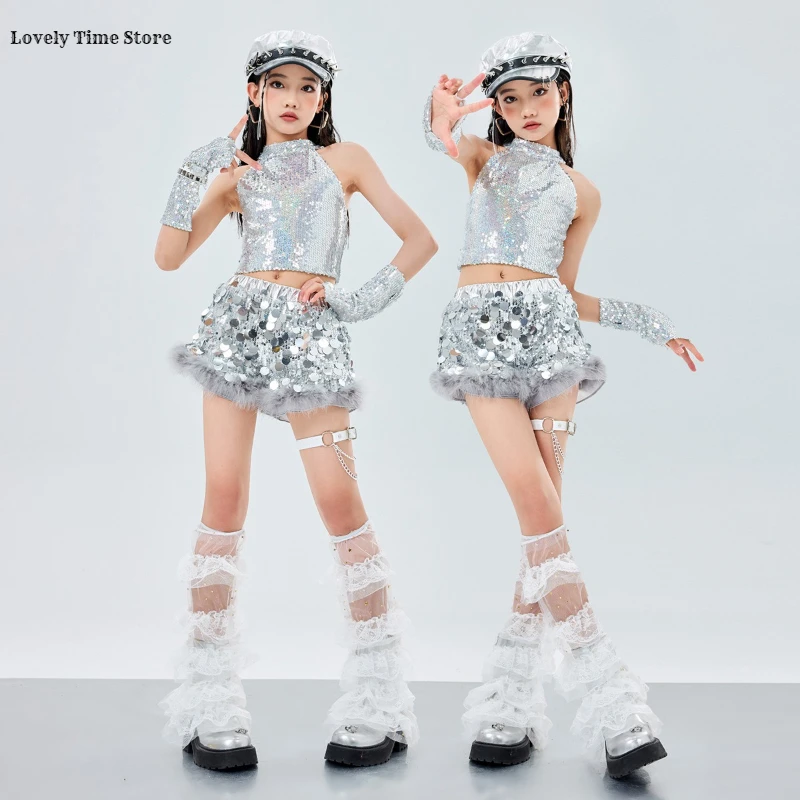 Hip Hop Girls Shiny Silver Crop Top Street Dance Sequin Shorts Kid K-pop Jazz Clothes Set Children Girl Group Streetwear Costume