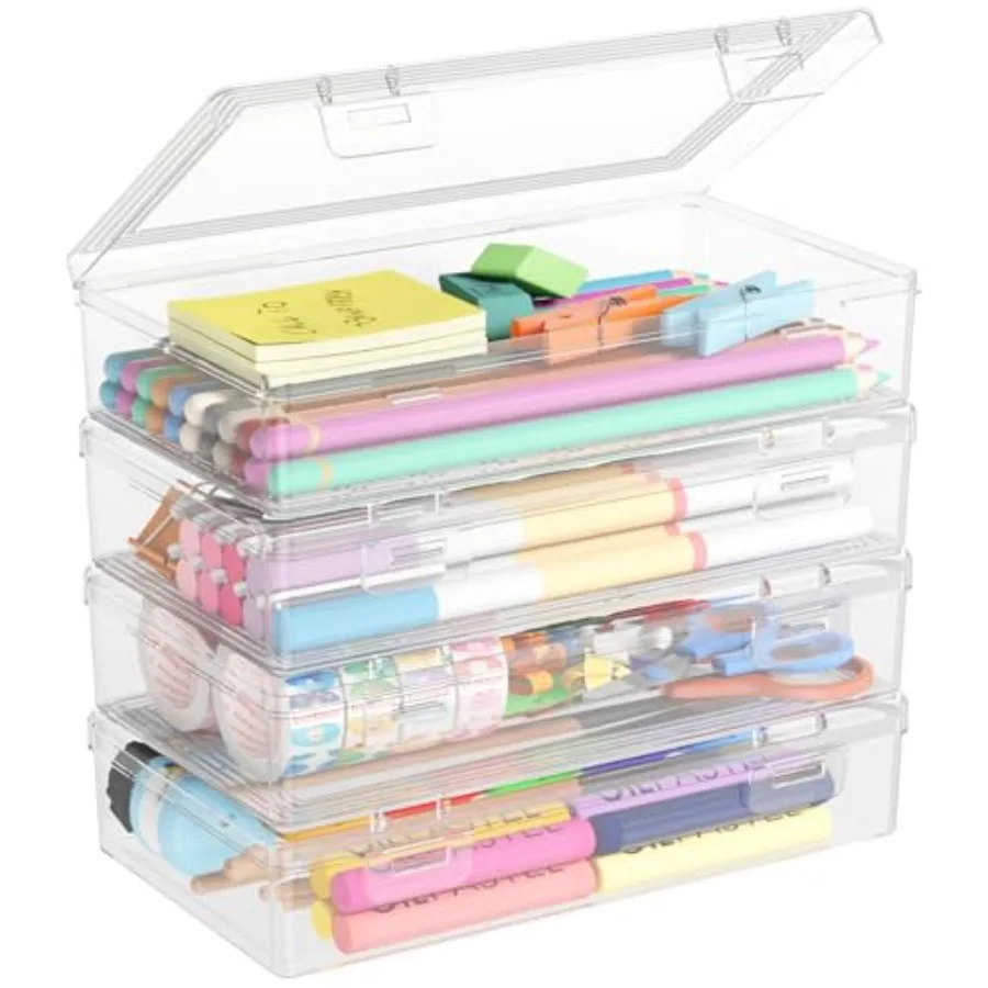 

Plastic Pencil Box with Snap-tight Lid, Large Capacity Hard Pencil Case, Craft organizer for Art Supply, Office, 4 Pack