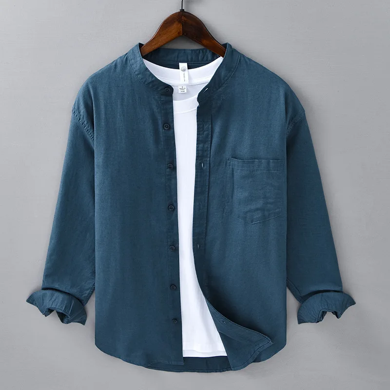 Cotton Linen Shirts for Men Spring Summer Daily Causal Loose Long Sleeve Shirt Pocket Stand Collar Plain Shirt Simple Breathable