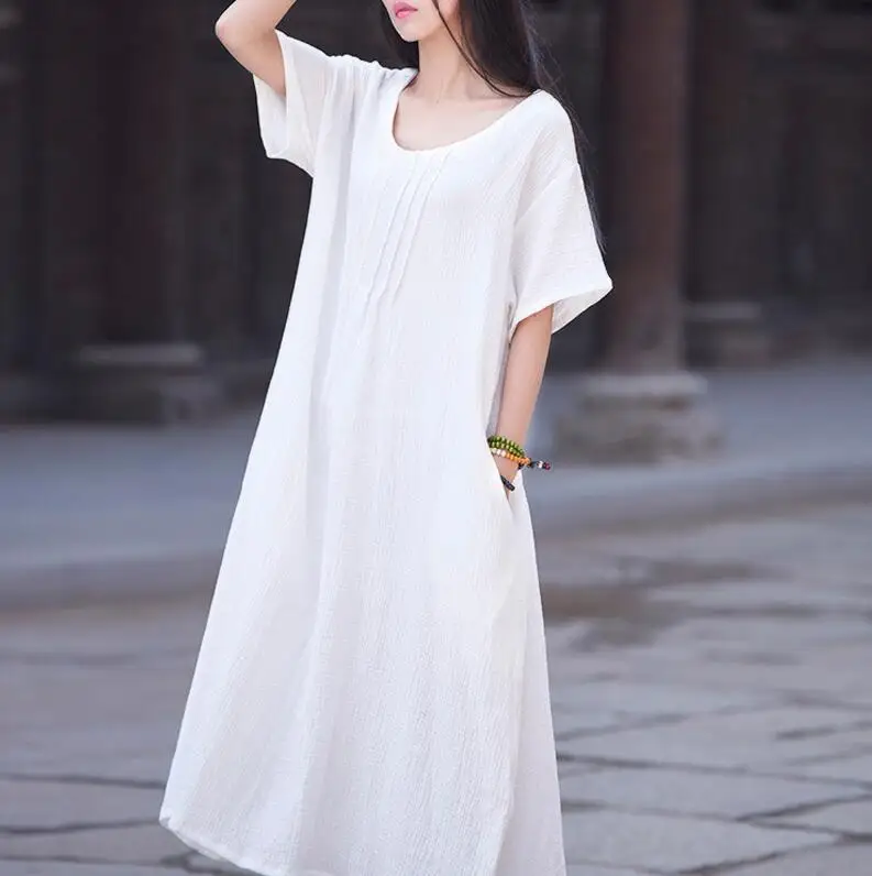 

Women Cotton Linen Dresses Vintage O-neck short sleeve maxi dress Casual Summer Lady plus size vestidos femininos verao casual