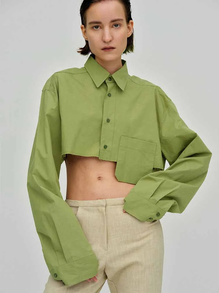 

BKQU женская рубашка с нерегулярными карманами, повседневный однобортный укороченный топ с лацканами и длинными рукавами, осень 2022, шикарная уличная женская блузка, топы