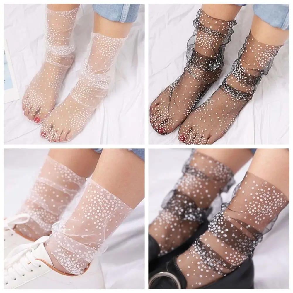 Fashion Transparent Tulle Flower Short Socks Thin Sheer Lace Mesh Floral Middle Tube Socks Pile Up Socks Ins Girl