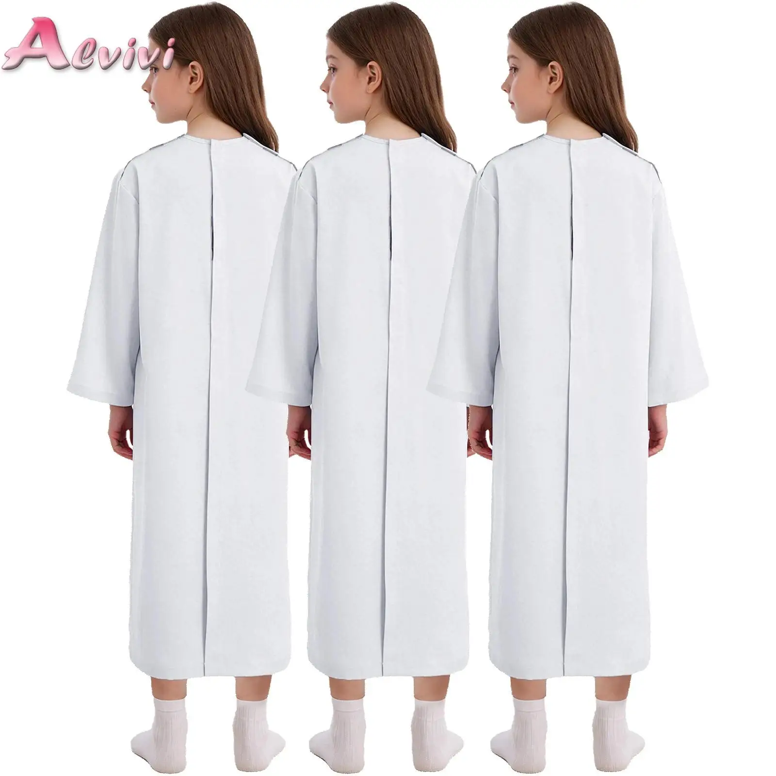 3pcs Kids Special Needs Adaptive Clothing Long Sleeve Split Hook-and-Loop Nursing Gown with Pocket for Pediatric Medical Patient
