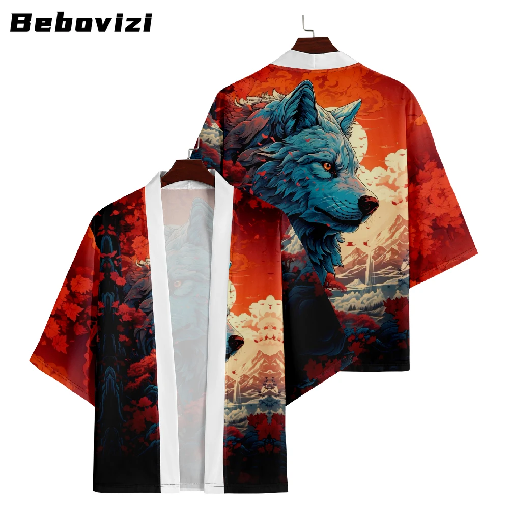 

Women Cardigan Haori Summer Beach Yukata Asian Clothing Japanese Men Anime wolf Print Samurai Kimono Harajuku