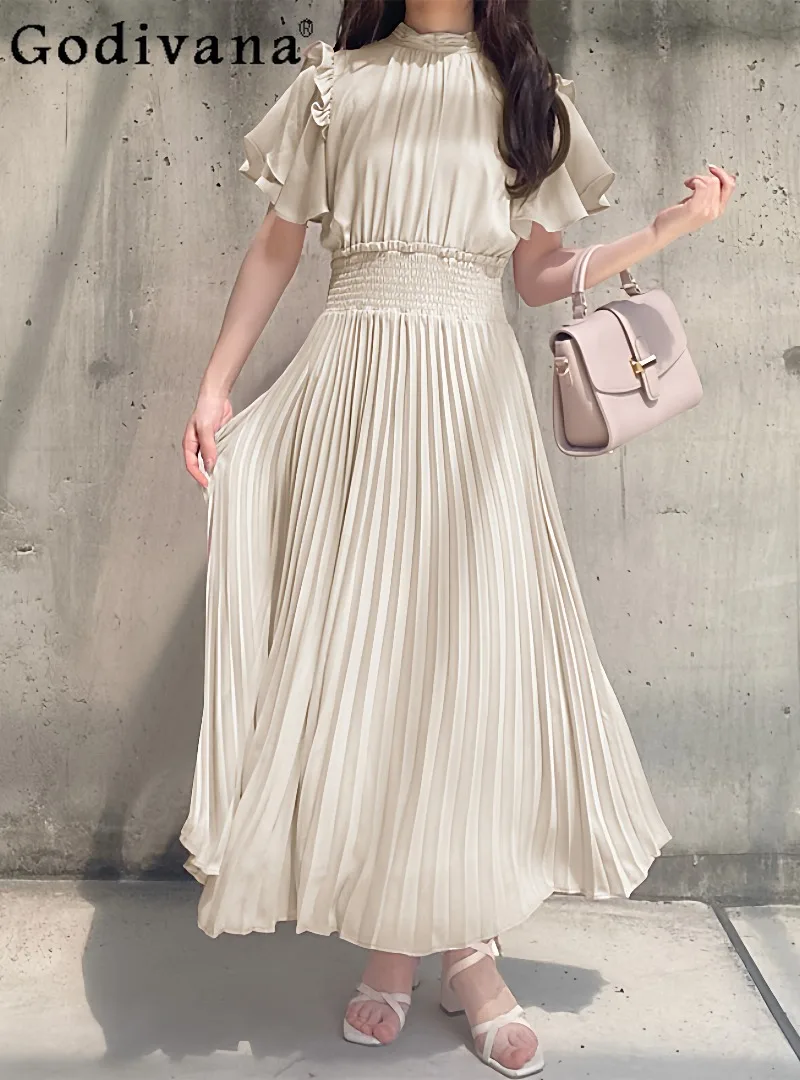

Japanese Sweet Elegant Lady Solid Color Pleated Dress 2026 Summer New High Waist and Thin Small Flying Sleeve Versatile Dress