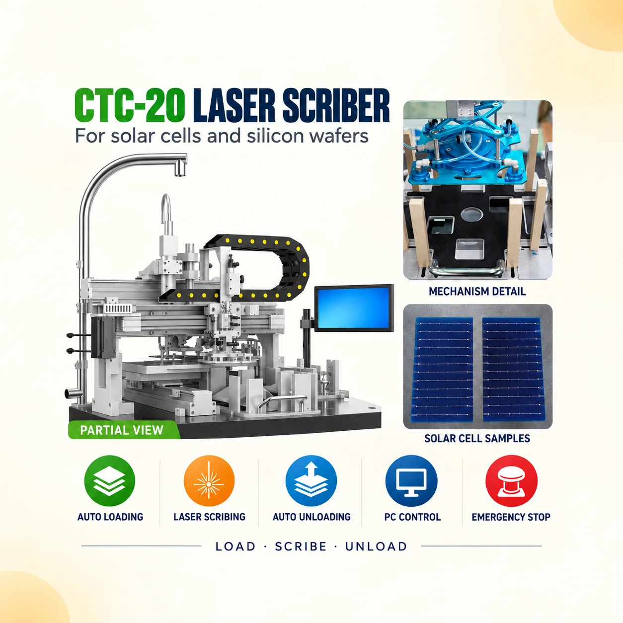 CTC-20 Solar Cell Laser Scribing Machine with Automatic Loading and Unloading, Computer Control and Emergency Stop for Cell Work