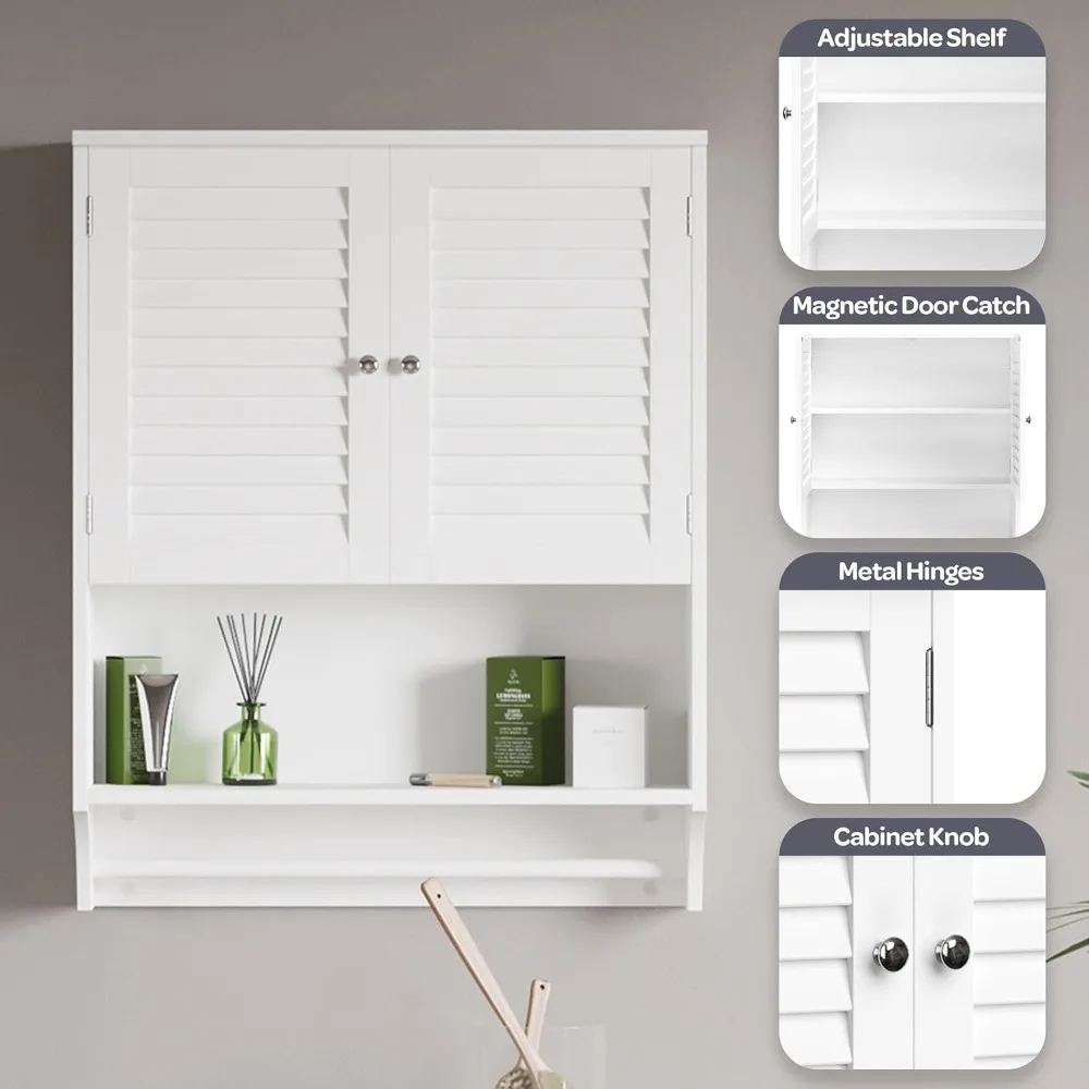 Стильный белый настенный шкаф для ванной комнаты с жалюзи, вешалкой для полотенец и регулируемыми полками для небольших домов