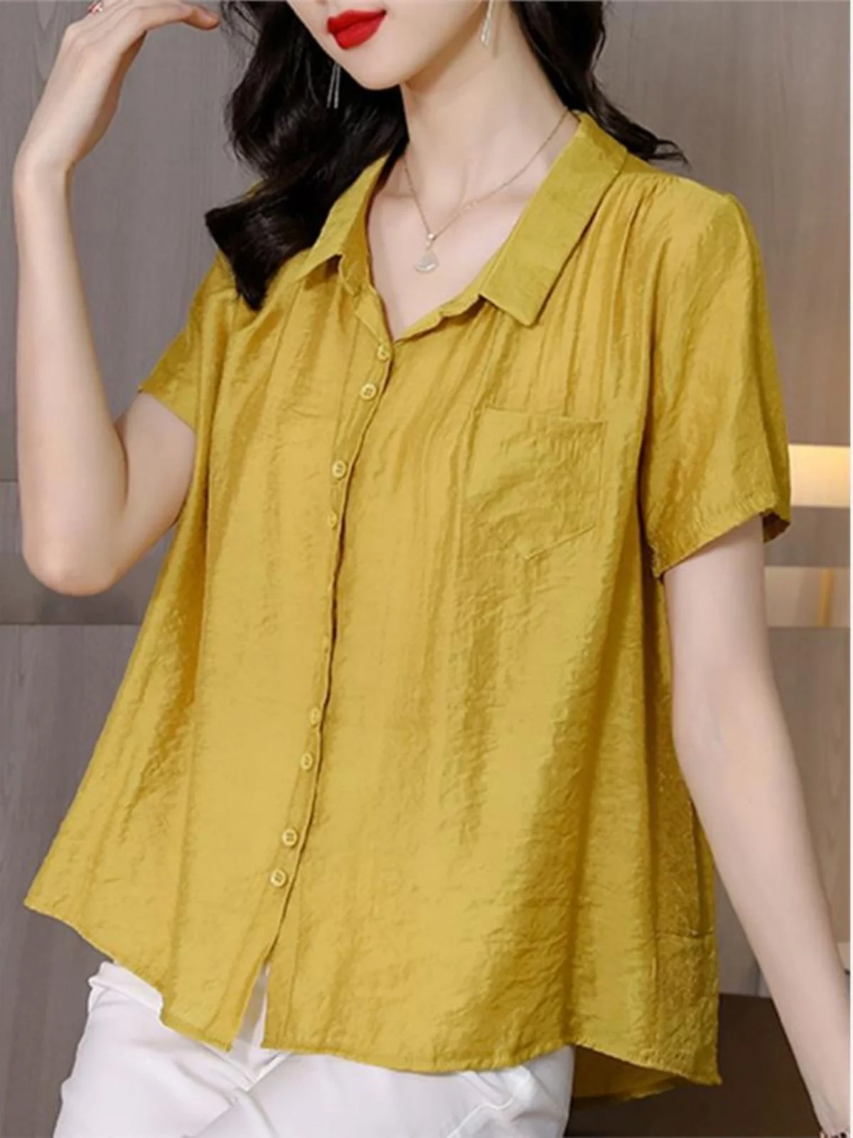 

Fashionable Summer Short Sleeve Cotton Linen Shirt Women's Top Belly Covering Mommy Style Trendy Ladies T-Shirt Commute Wind