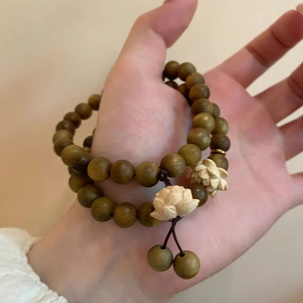 Lotus Sandalwood Bangle Wood Beaded Strand Bracelets Green Natural Sandalwood Bracelet Elastic Handwoven Rosary Jewelry