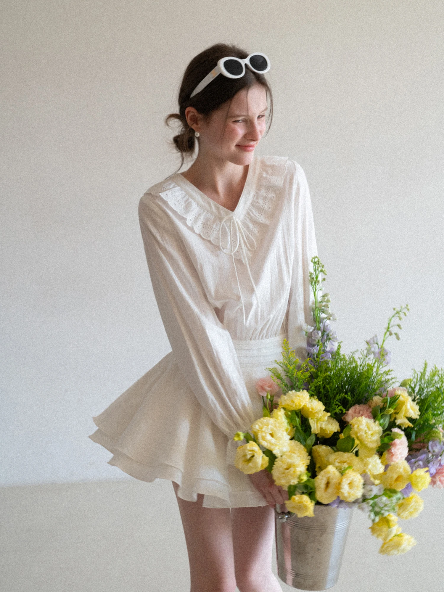 

Eggka Heavy Embroidery Ruffle Trim Slimming Waist Dr Women's Spring V-ne White A-line ort Skirt French Sle Cotton Blend