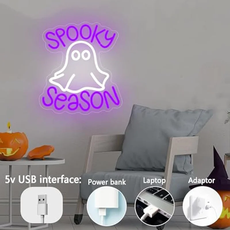 Halloween fantasma sinal de néon roxo assustador temporada iluminar sinal decoração da parede para festa de halloween casa bar homem caverna aniversário