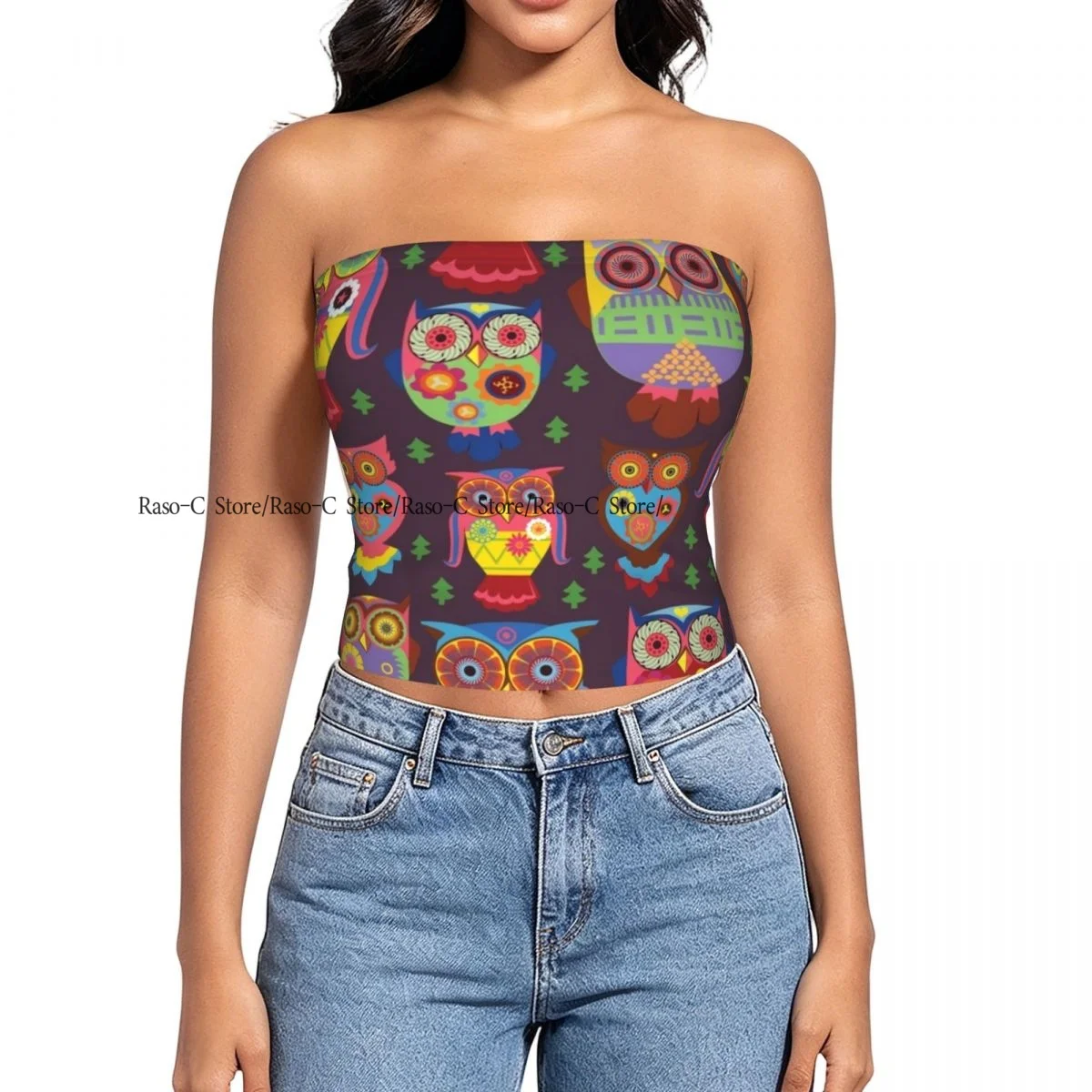 Strapless Sexy Tube Tops Summer Outfits Women Backless Shoulder Wrap Colorful Owl Female Crop Top