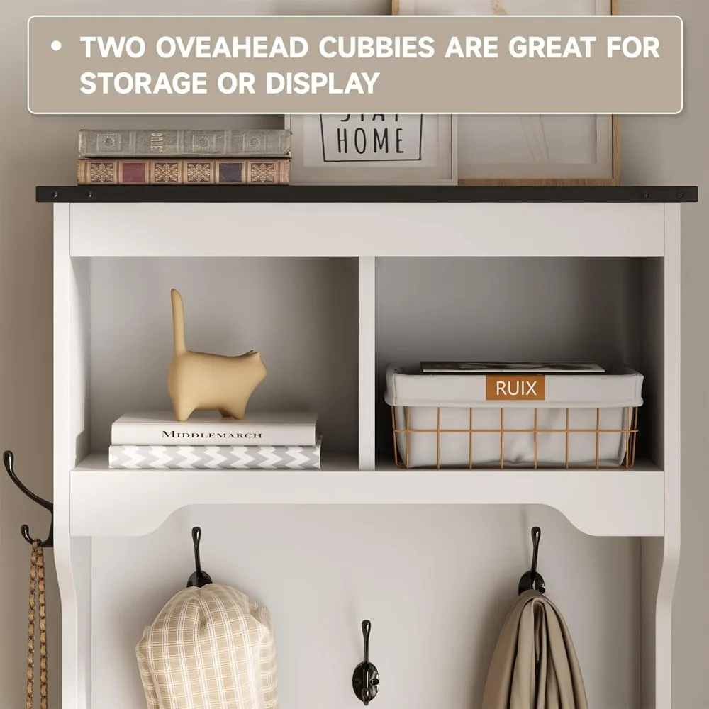 Farmhouse Narrow Coat Rack with Shoe Storage, 6 Shoe Cubbies & 4 Coat Hooks, Hall Tree with Shoe Storage Bench,