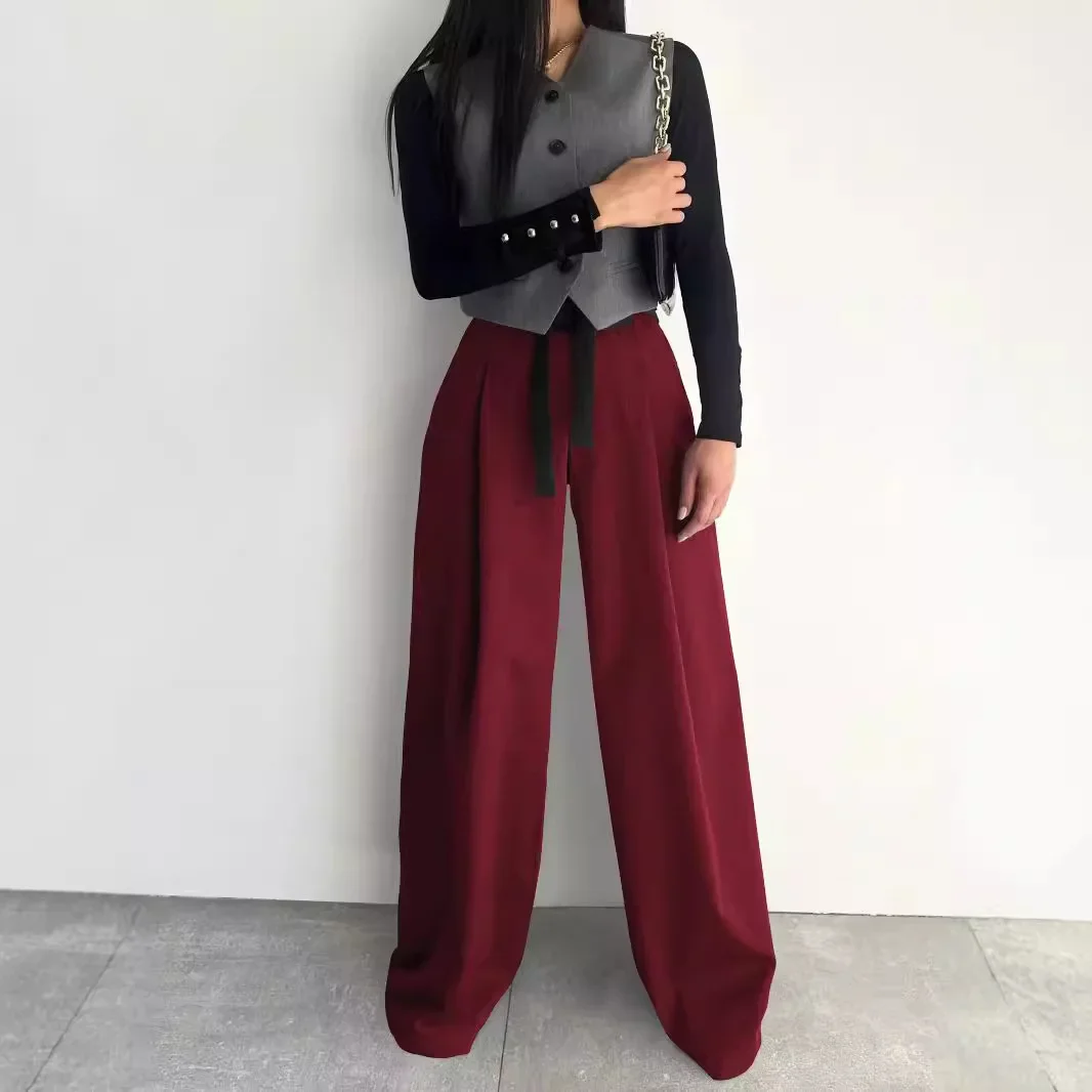 Women Clothes Kids American Style Fashion Design Sense Wide-leg Pants Solid Color Temperament Commuter Slim Pants Woman