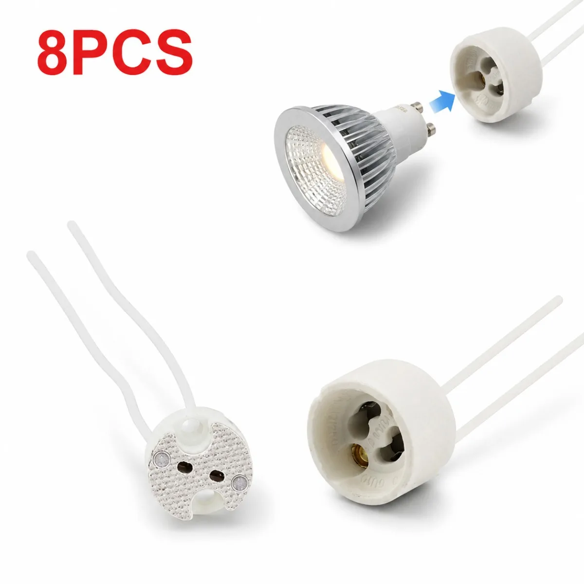 JOYINLED GU10 MR16 Ceramic Socket Pack of 8 GU10 MR16 Lamp Holder with 15cm Wire Connector for LED Halogen Bulbs