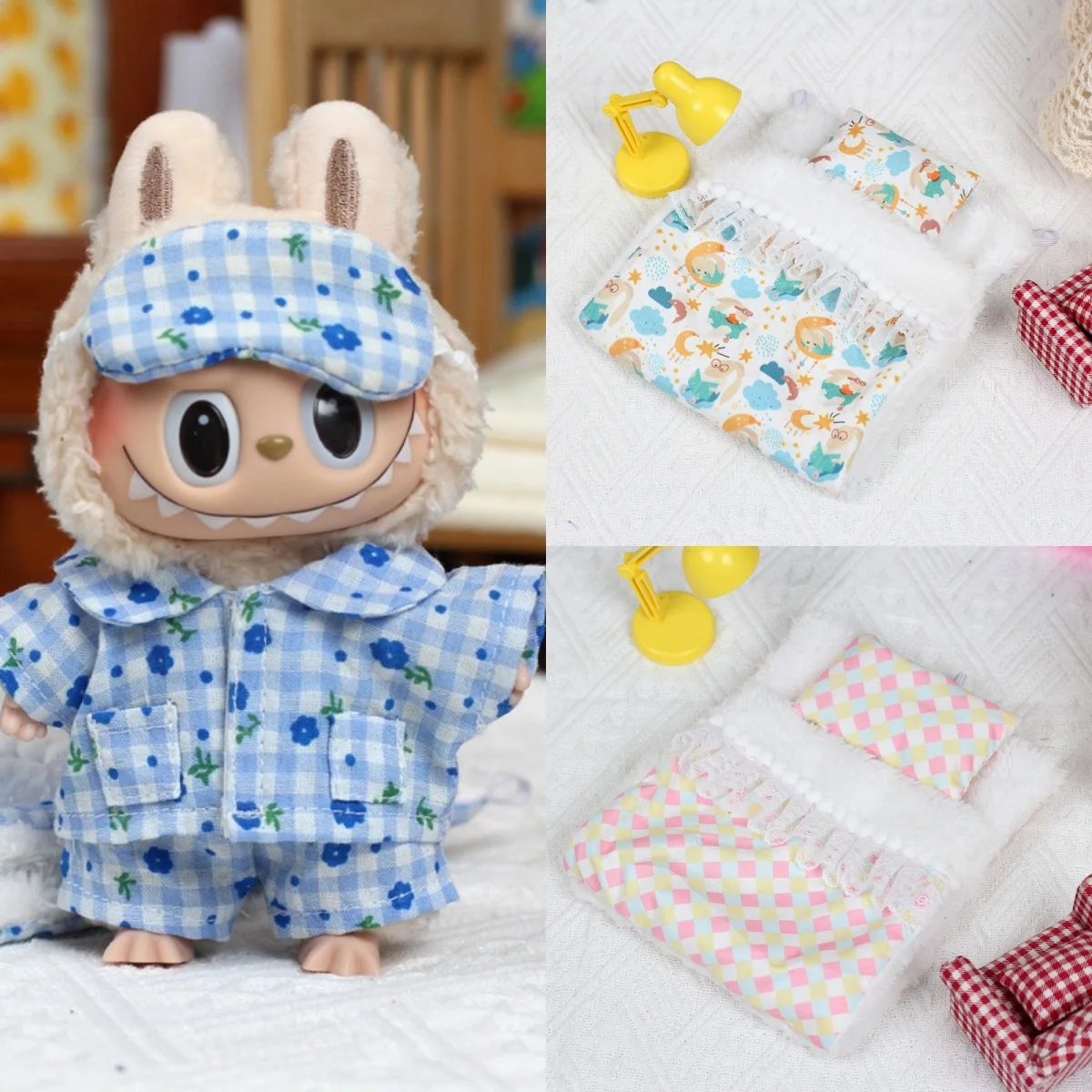 15 17cm For Labubu Mini Doll Clothes Pajamas With Eye Mask Sleeping Bag series two-piece set Cute Idol Plush Doll Accessories