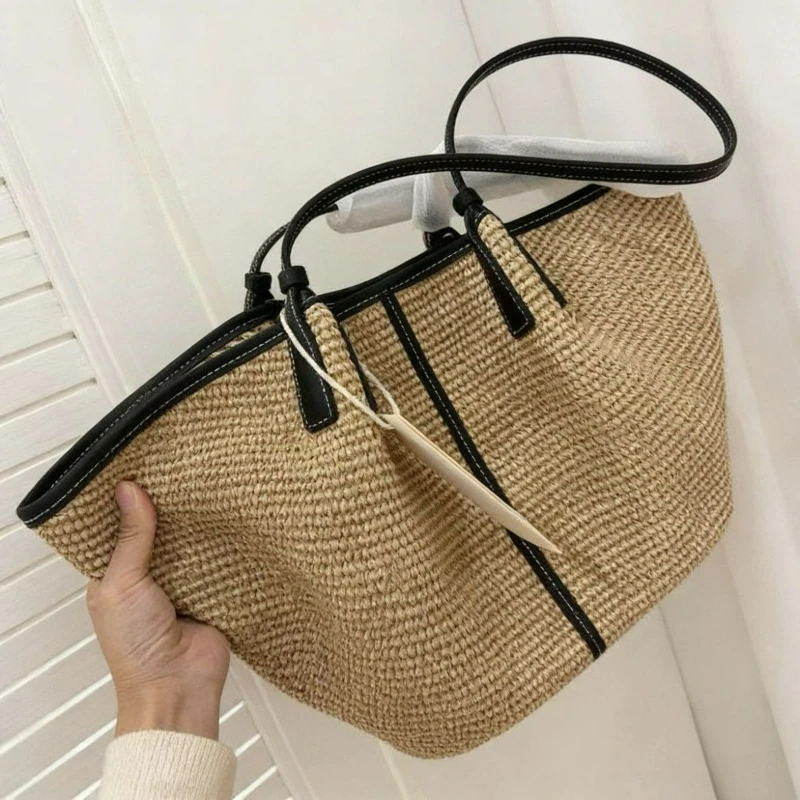 

French Hand Woven Shoulder Bag Elegant Color Blocking Versatile Bucket Bag High-quality Large Capacity Beach Vacation Tote Bag