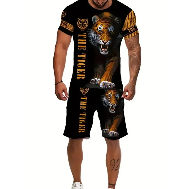 2025 New Summer Men's Casual Outdoor Street Sportswear: Black and White Tiger-Striped 3D Pattern Fashion Animal Print Set