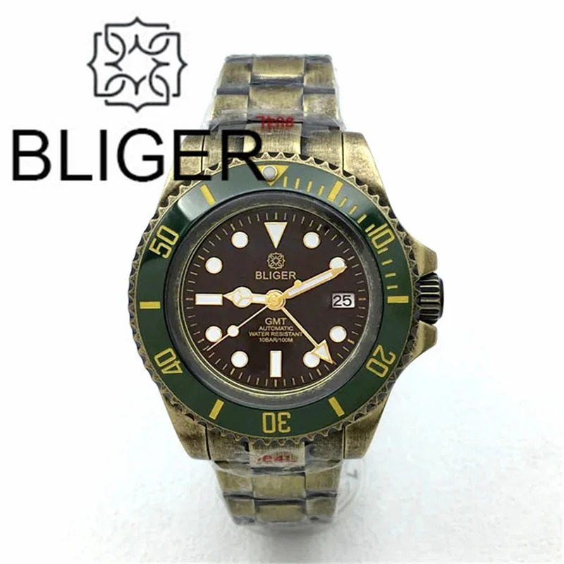 BLIGER 43mm Bronze Coating  Steel Watches For Men NH34 Waterproof Ceramica Bezel Sapphire Glass Black Dial Gold Indices Gold GMT