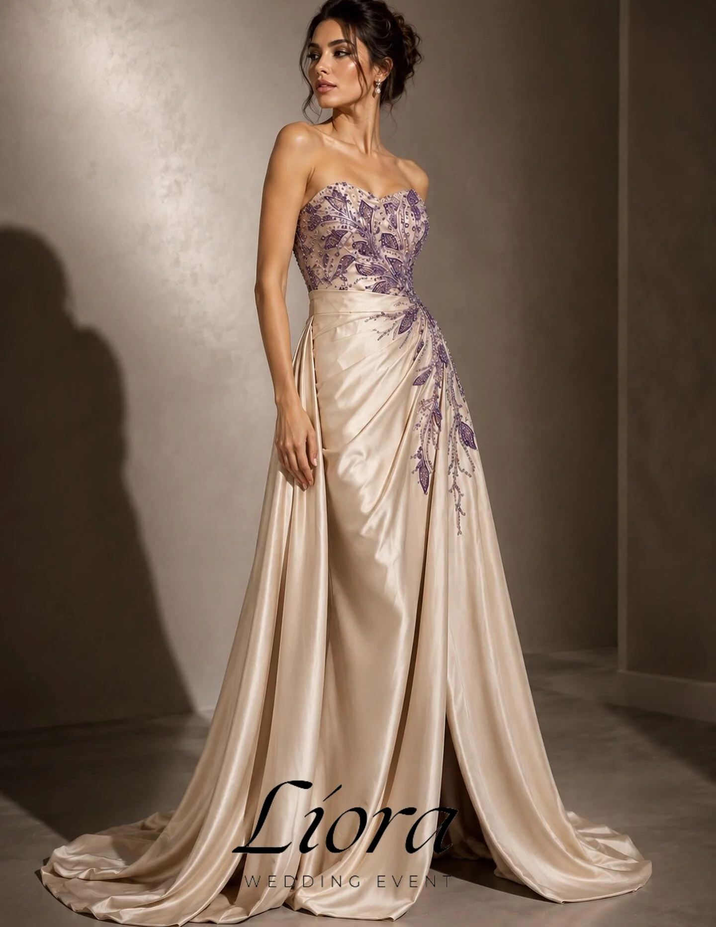 Liora Customized Satin Mother Of The Bride Gown Strapless Sweetheart Purple Leaf Beaded Appliques Draped Split Evening Dresses