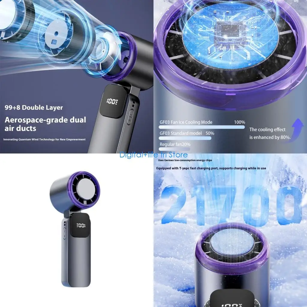 E06D 199 Speed Handheld Cooling Fan Rechargeable Battery Superconducting Ceramic Plate Double Airflows System Foldable Design