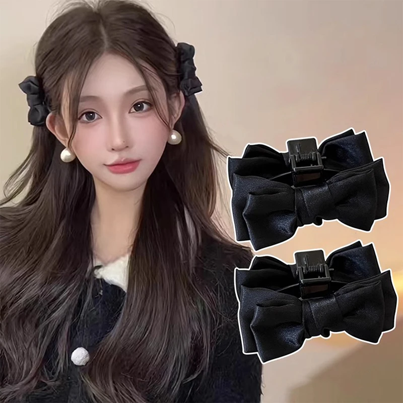 2Pcs Black Bow Small Hair Claw Women Girl Hair Grab Clip Side Clip Forehead Bangs Hair Styling Clip Sweet Headdress