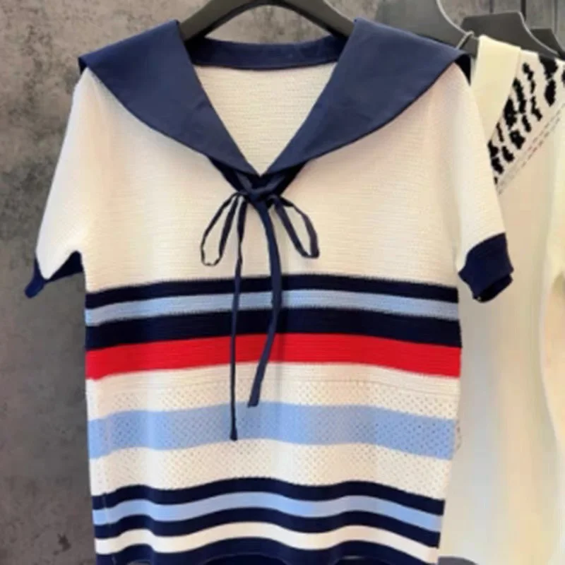 المألوف Preppy نمط بحار طوق محبوك القمم الصيف جديد خمر مخطط البلوفرات المرأة فضفاضة تي شيرتات قصيرة الاكمام