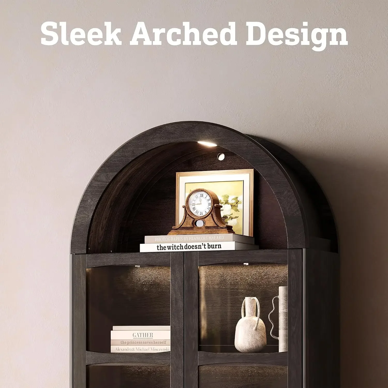 74" Tall Arched Bookshelf with LED Lights,4-Tier Modern Farmhouse Arched Bookcase with Glass Doors and Shelves,Wooden Display Ca - view 4