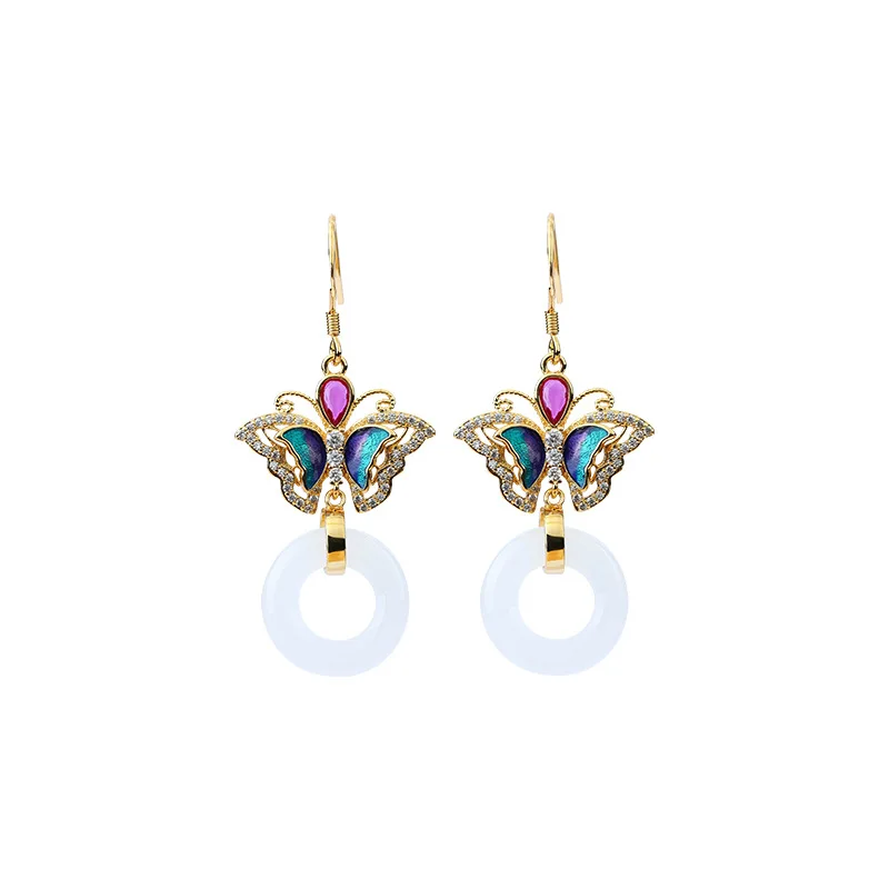 

Chinese style antique gold plated imitation white jade safety buckle butterfly earrings, small and retro style earrings