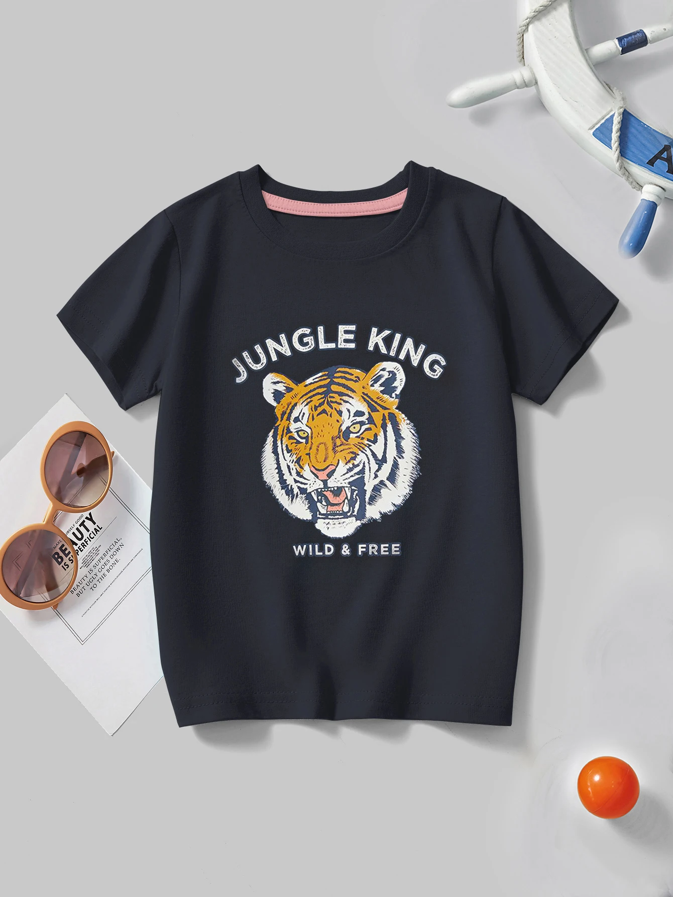 Boys casual round neck short sleeve T-shirt top cartoon tiger head print summer outdoor breathable fashion