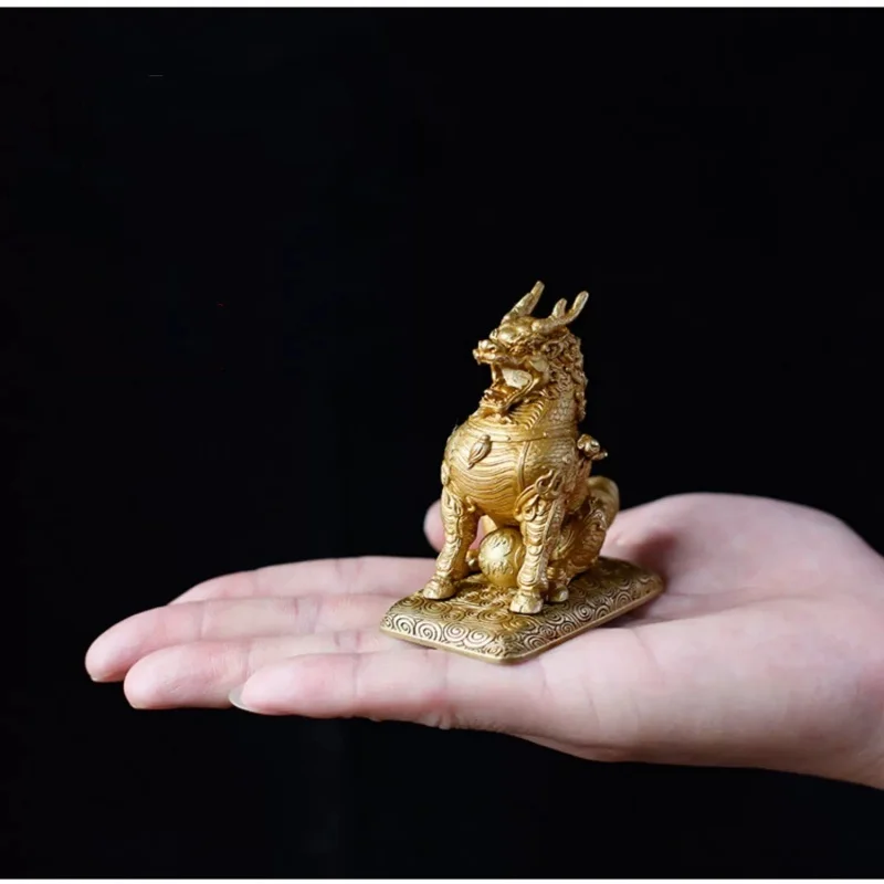 A Pair Brass Qilin Statue Chinese Kylin Figurine Feng Shui Wealth Prosperity Desktop Ornament Home Office Collectible Decor Gift