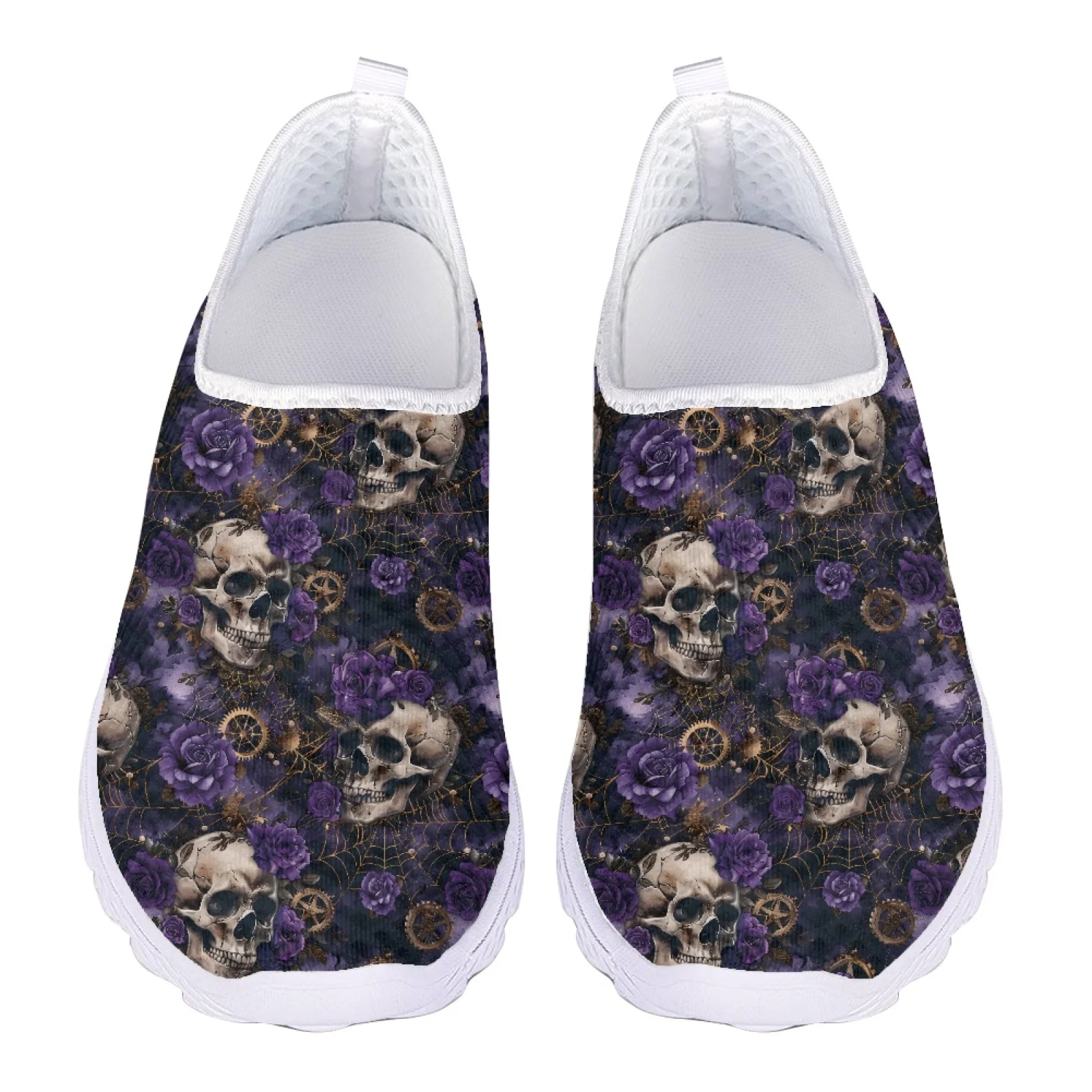

Прохладные женские лоферы с фиолетовым цветочным принтом и черепом, женские кроссовки без шнуровки на плоской подошве, женская сетчатая женская повседневная обувь, летняя пляжная обувь