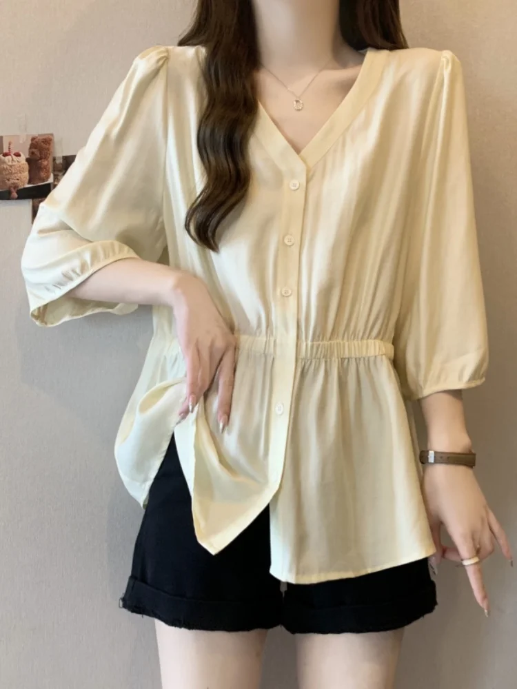 

Slim Fit V-Neck Mid-Sleeve Base Shirt Women Summer plus Size Waist-Cinching Belly- Concealing Anti-Aging Seven-Armor Top